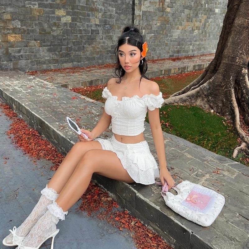 Women's Off-Shoulder Ruffle Mini Skirt Set - Sexy French Style Top with Sweet and Spicy Flair