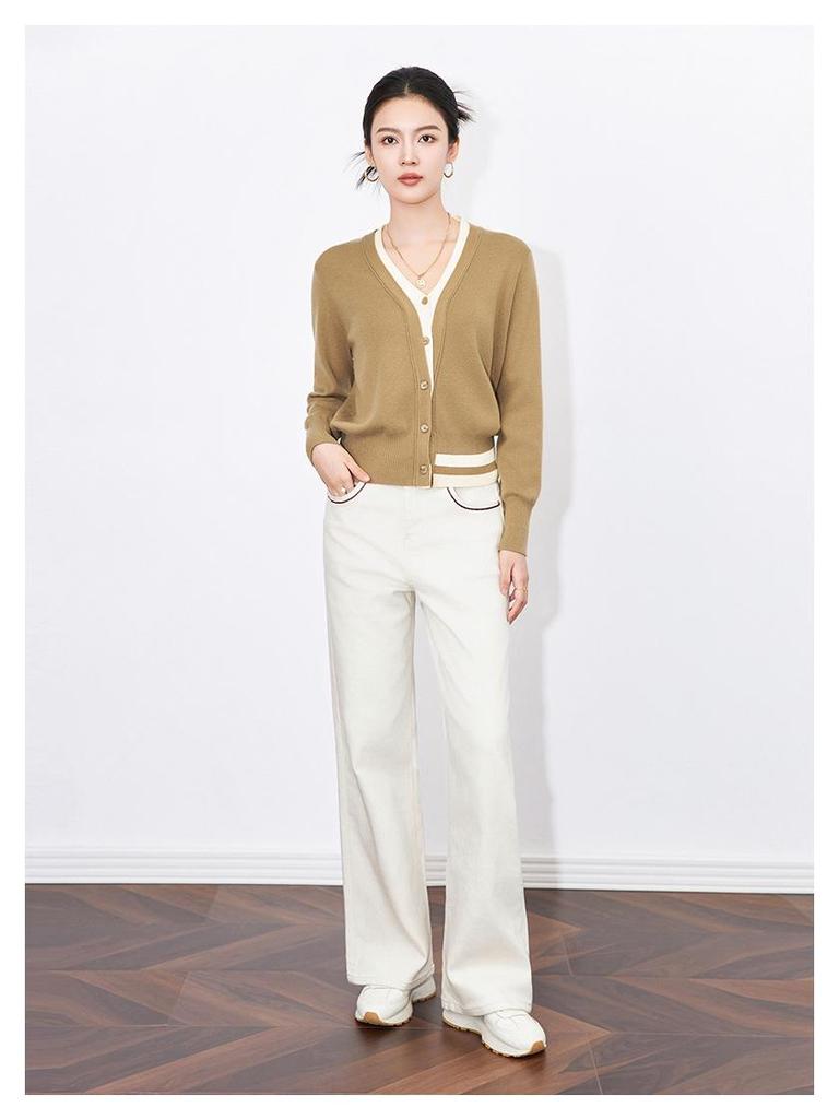 Contrast Color V-Neck Two-Piece Look Cardigan - Fashionable, Simple, Versatile Knitted Top for Women