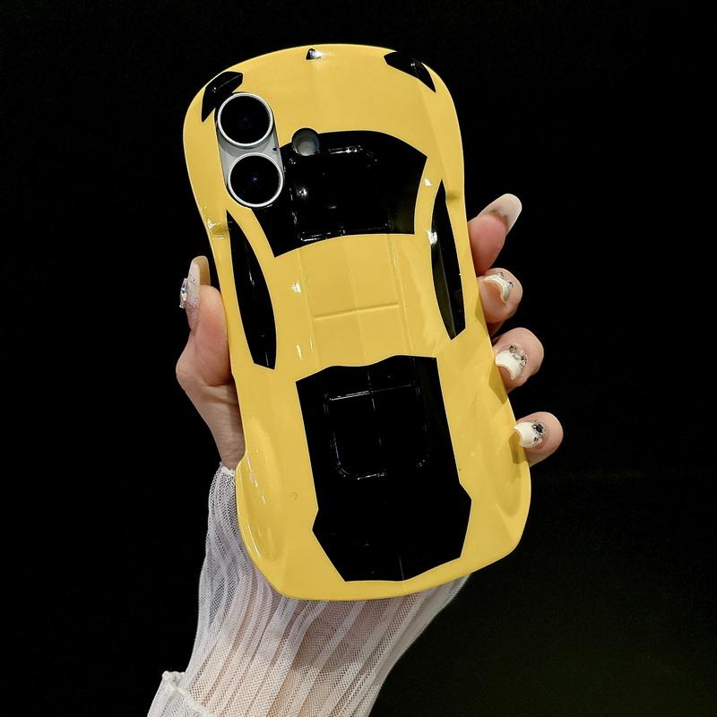 

Чехол для телефона в форме автомобиля с 3D-дизайном, однотонный, для iPhone 16 Pro Max 15 14 Pro 13 12 11, глянцевый, ударопрочный, жесткий, гибридный, из поликарбоната, силикон, мягкий край, бампер iPhone 15 жёлтый