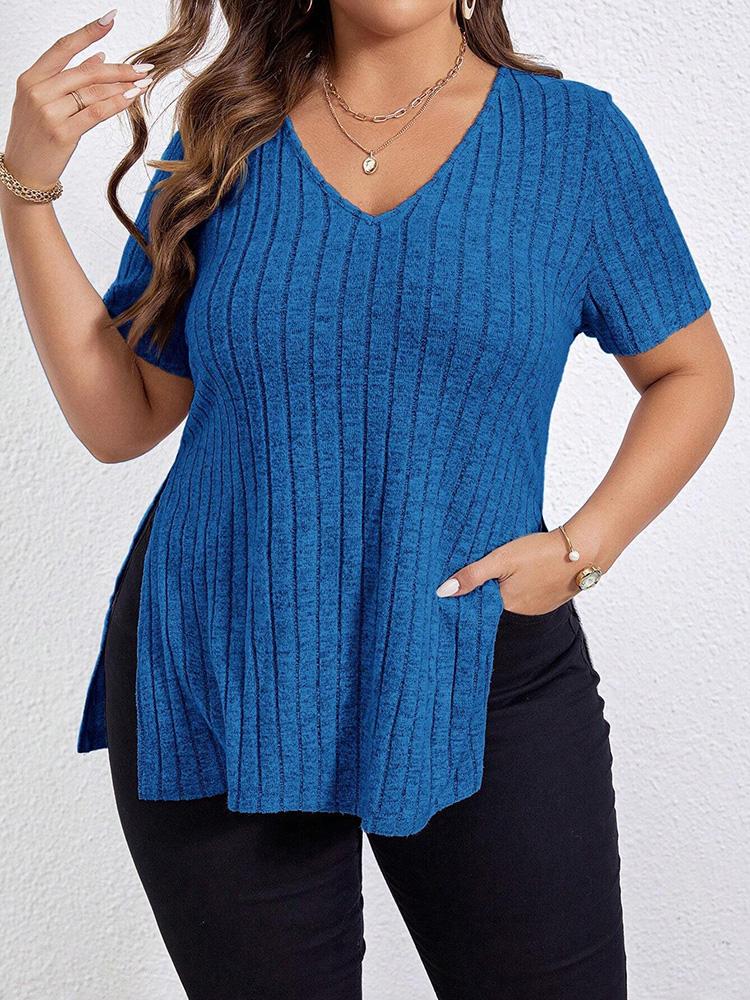 

Винтажный элегантный свободный однотонный трикотажный топ с V-образным вырезом, женский эстетичный шикарный тонкий открытый топ большого размера, женская модная повседневная футболка с эластичной талией 5XL синий