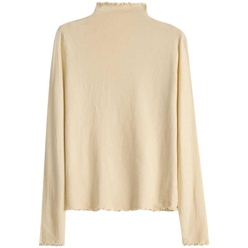 Apricot Semi-turtleneck Bottoming Shirt for Women with Autumn and Winter Fungus Edge Top, White Semi-turtleneck Core-spun Yarn Knitting