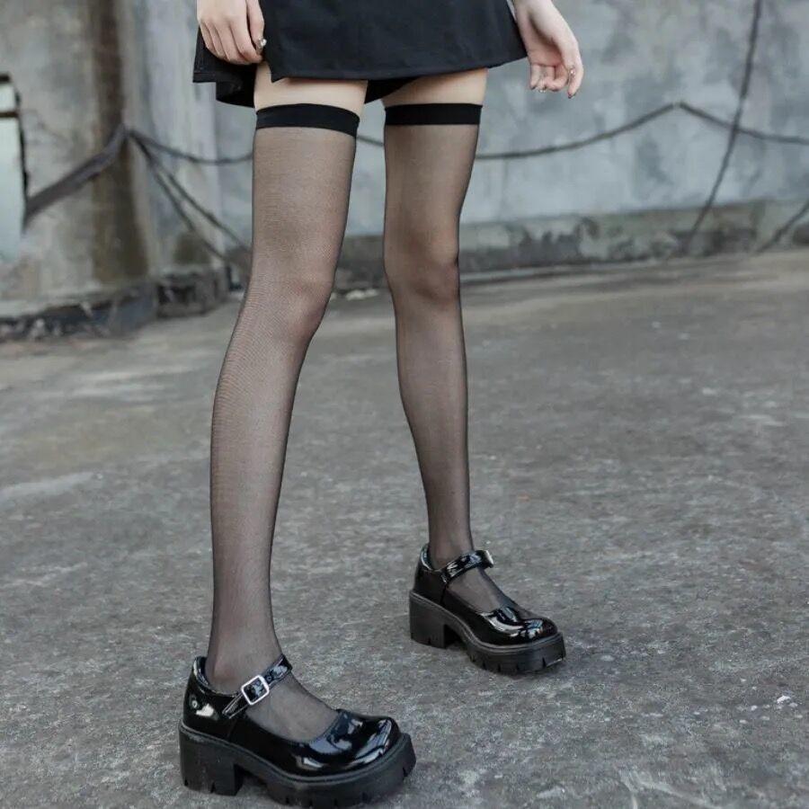 Stockings Black Ins Ripped Half Mesh Lace Long Tube Knee-high Sweet And Cute Core-spun Silk Thigh Socks