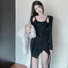 Pure desire style fake two-piece long-sleeved pullover dress female sexy hottie slim-fitting high-waisted hip-wrapped A-character Korean short skirt