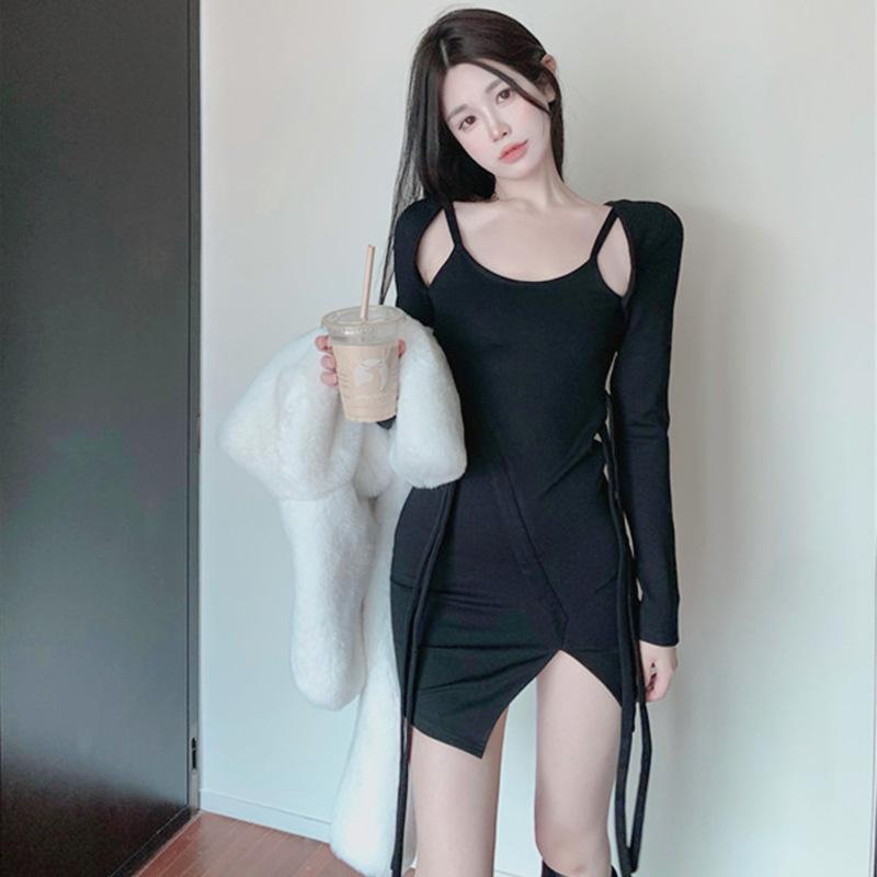 Pure desire style fake two-piece long-sleeved pullover dress female sexy hottie slim-fitting high-waisted hip-wrapped A-character Korean short skirt