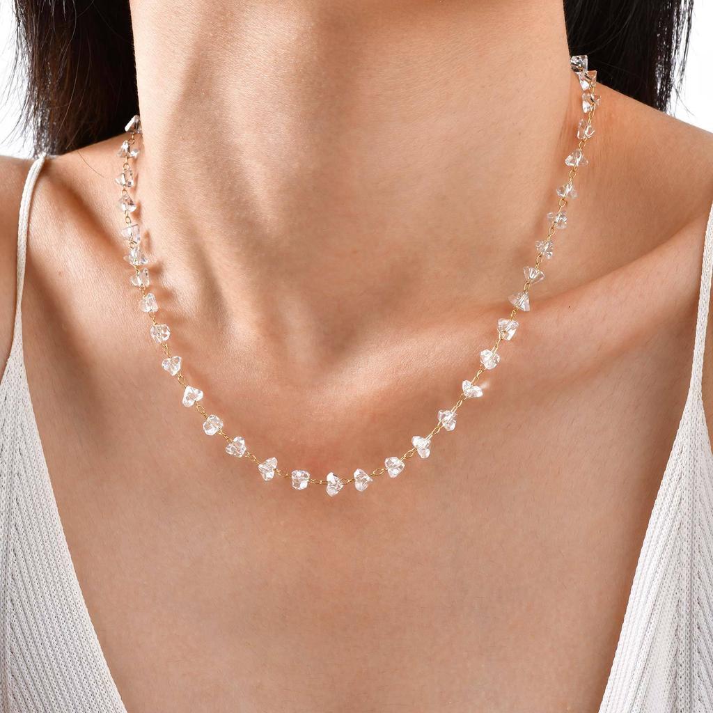 Ladies Temperament Cold Wind Stainless Steel Irregular Transparent Bead Necklace Bracelet Anklet Gold Nc-2506