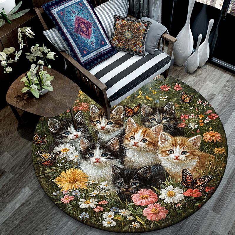 Kittens in Flowers Round Area Rug,Carpet Rug for Living Room Bedroom Sofa Playroom Decor,Non-slip Floor Mat