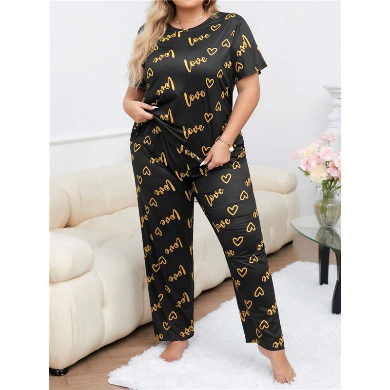 Large Love Love Printed Short Sleeve Pajama Set Loose And Comfortable Two Piece Home Clothes Set