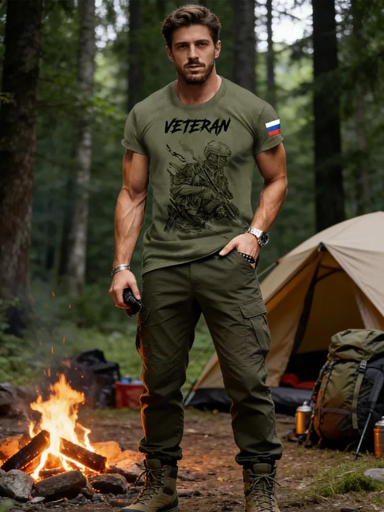 Men's Olive Green Veteran T-Shirt with Russian Flag, Tactical Soldier Print, Patriotic Military Crew Neck Short Sleeve for Men
