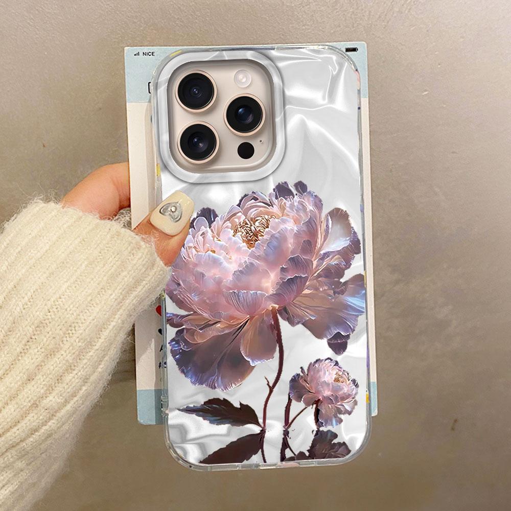 White Peony Lotus Print Women Girls Water Texture Phone Case for Iphone 16 15 14 7 8 Plus 13 11 12 Pro Max X XS XR SE 2022 Cover