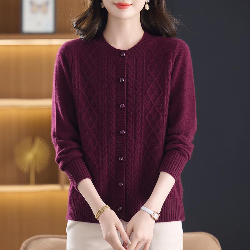 Women's Warm 100% Pure Wool Cardigan: Autumn/Winter Thick Knit Round Neck Sweater for Middle-aged & Elderly Moms