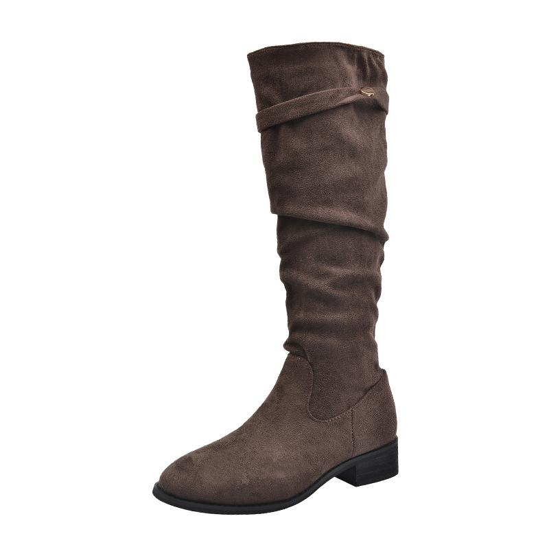 Coarse Heel Suede Khaki Pile Medium Tube Knight Boots Women's Shoes New Autumn and Winter Skinny Long Tube Long Boots