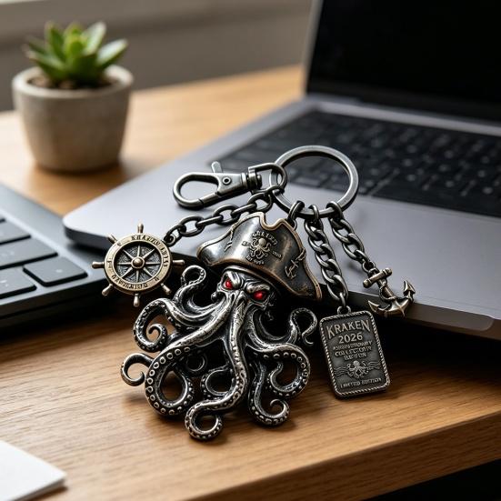 Pendentif Porte-clés avec Boussole Fermoir mousqueton Style Pirate Pendentif en métal Texture Oxydation Vieillie Design Œil Rouge Forme de Poulpe Porte-clés