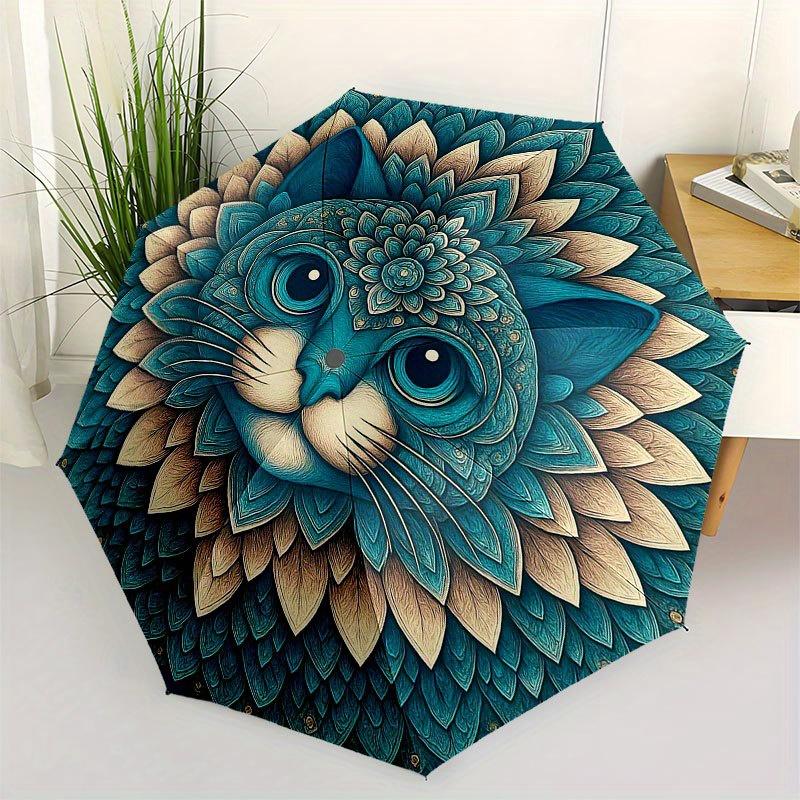 Floral Mandala Cat Wall Art Decor Umbrella, Portable 3-Fold Compact Umbrella for Men & Women R153