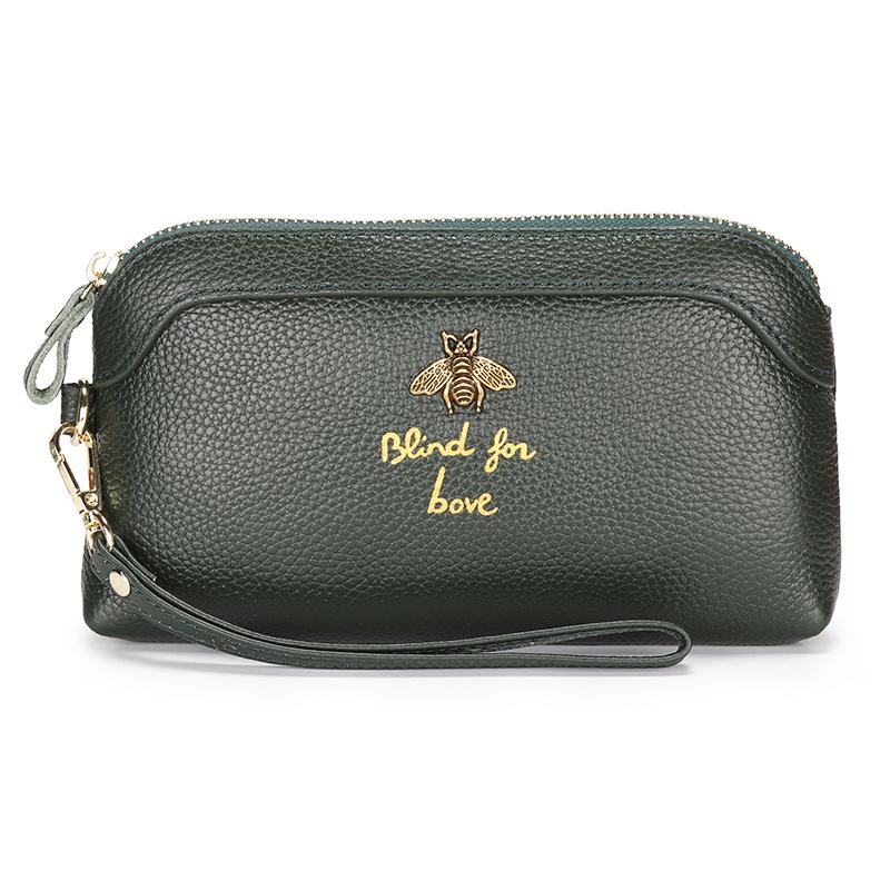 

2024 Новый клатч Bee из натуральной кожи для женщин, клатчи, первый слой из коровьей кожи, длинный кошелек, вместительный кошелек для телефона для женщин темно-зеленого