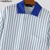 INCERUN Men Short Sleeve Shirts Lapel Stitching Striped Loose Shirts