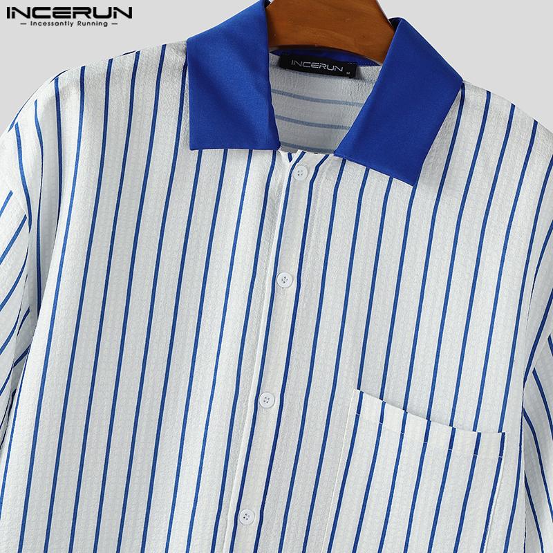 INCERUN Men Short Sleeve Shirts Lapel Stitching Striped Loose Shirts