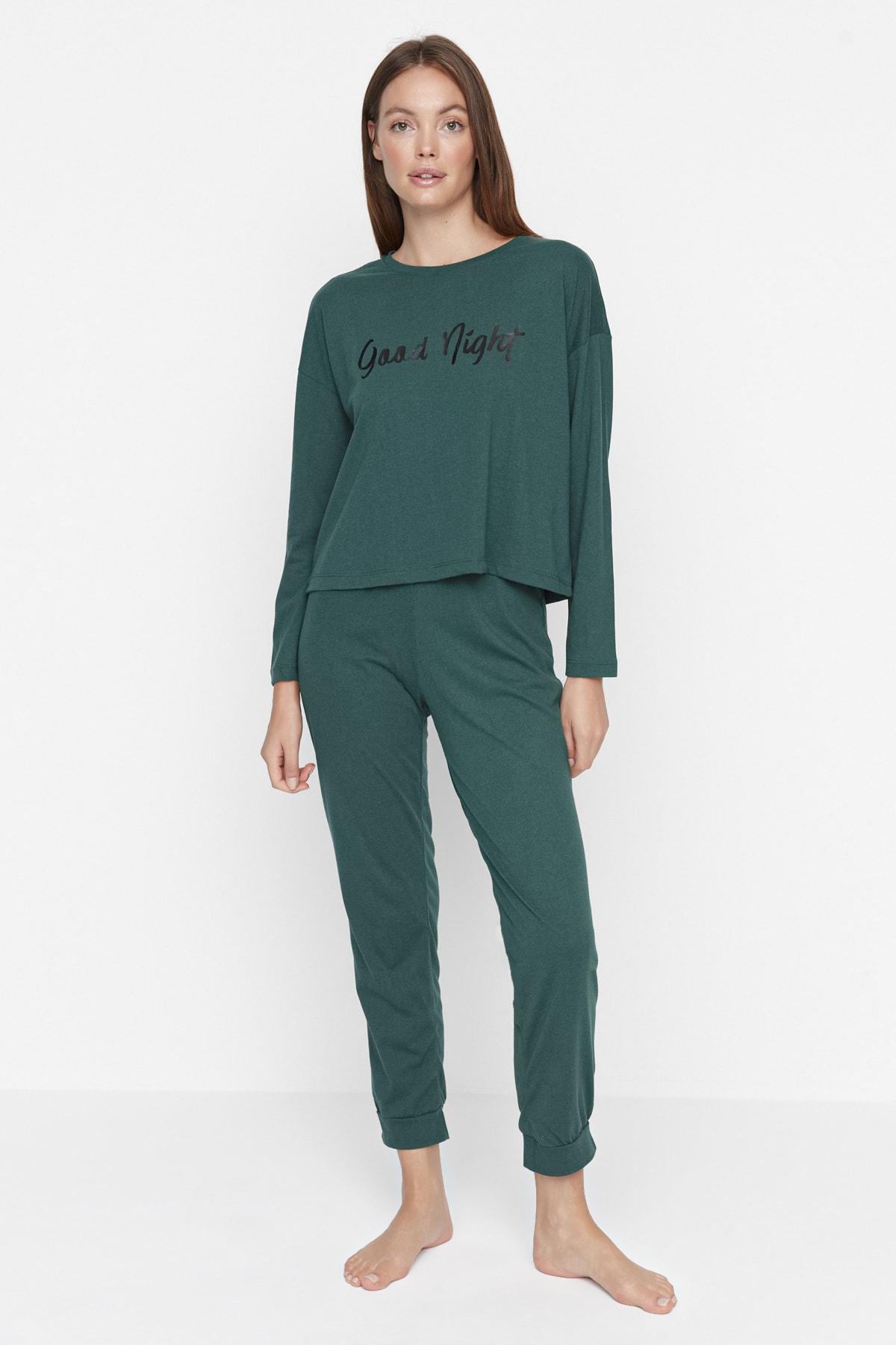 

Green Motto Printed Elastic Leg Knitted Pajamas Set THMAW23PT00152...