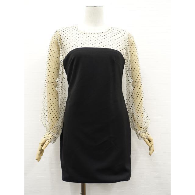 New with tag DHOLIC Knee length long sleeve round neck lace dress M Beige black & dot pattern & black [Used]