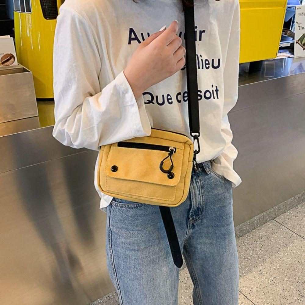 Korean Pure Color Canvas Shoulder Bag Zipper Multifunctial Mobile Phe Bag Canvas Casual Tote Handbag Student