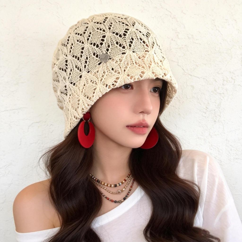 Big head circumference hollow knitted hat black stacking hat women's face small headgear summer thin wool hat
