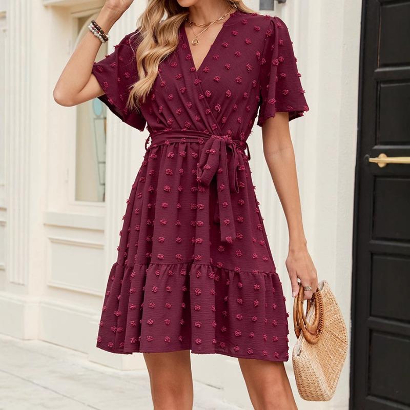 Women's V-neck Pom Pom Sleeve V-neck Waist Strap Summer Dress
