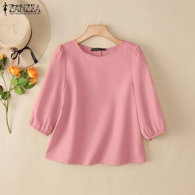 Blusa Casual de Mujer de Cuello Redondo Suelta de Manga 3/4 Lisa