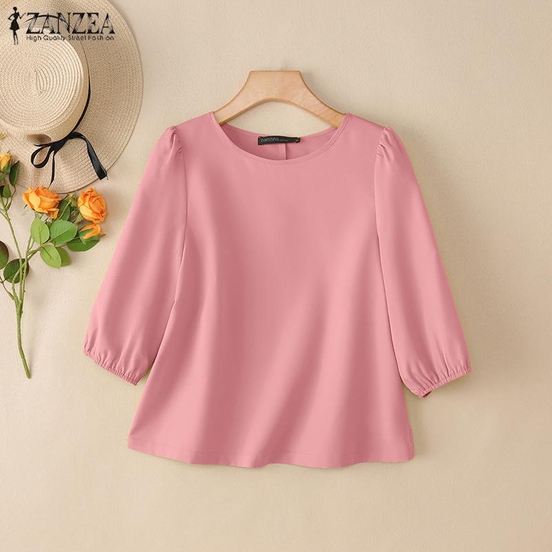 ZANZEA Women Casual Round Neck Loose 3/4 Sleeve Solid Blouse