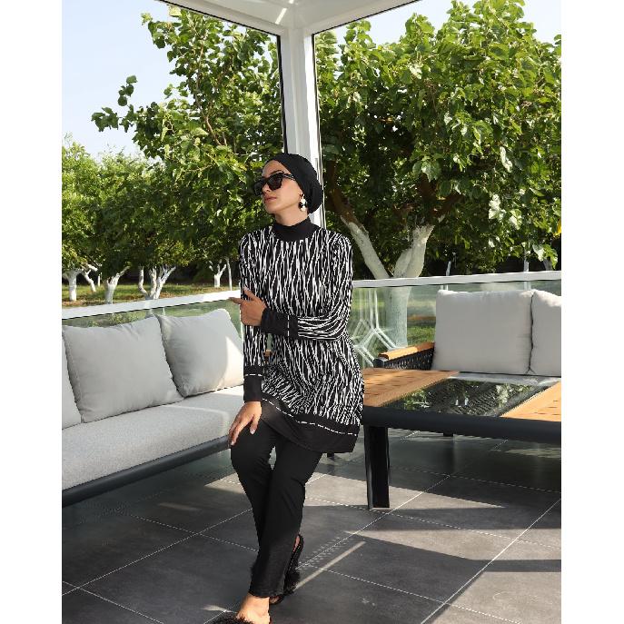 Banana Leaf Print Set Muslim Women Modest Seaside Swimwear Full Coverage Swimsuit Beachwear Burkini Swimsuit Set (Without Headscarf)