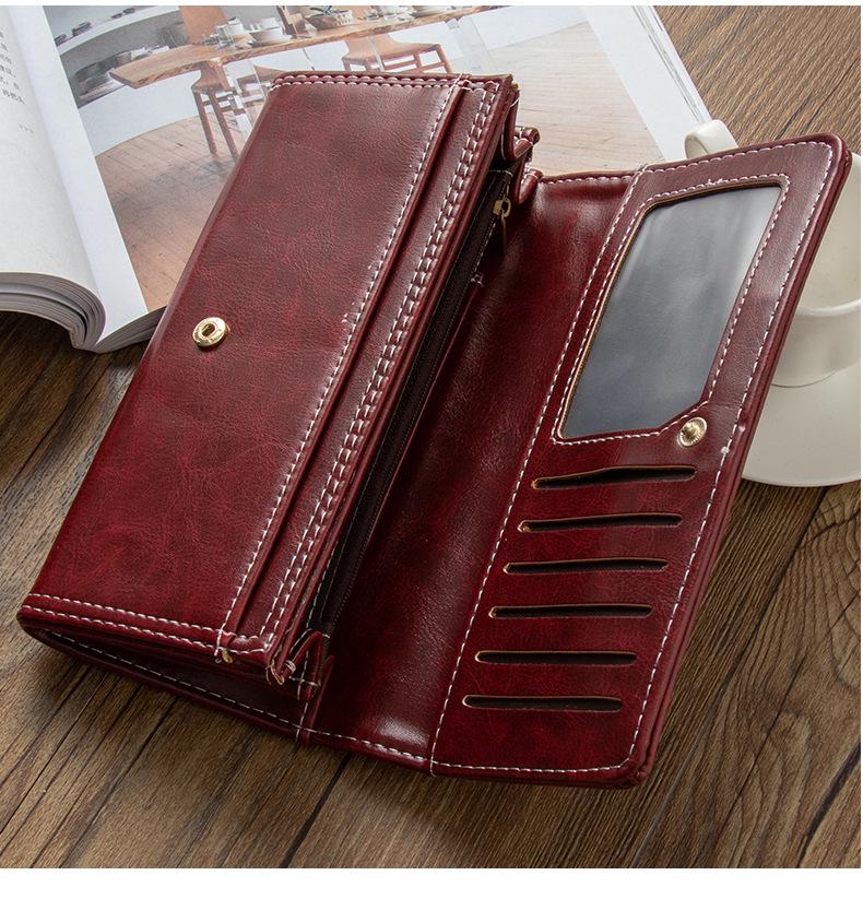 Women's Retro Long Zipper Wallet with Large Capacity and Multiple Card Slots - European & American Style Two-Fold Handbag