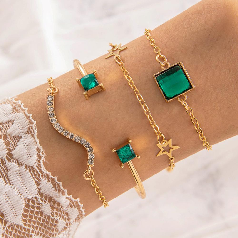 5Pcs/Set Green Shiny Charm Bracelet for Women Crystal Zircon Jewelry Adjustable Luxury Trendy Bracelet  Daily Decoration