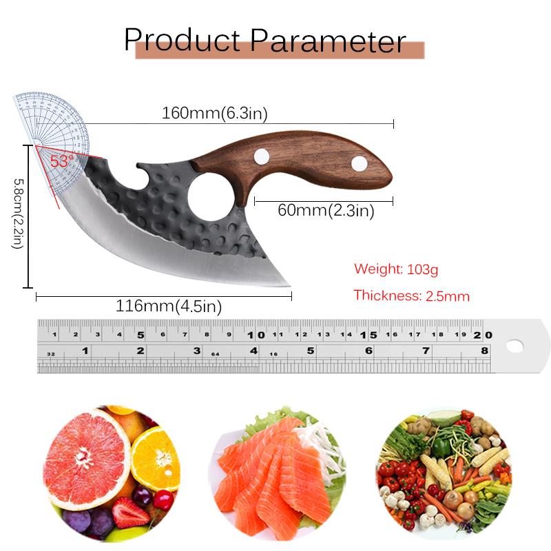 Hand Forged Curved Kitchen Knife, Hammer Pattern High Carbon Steel Blade, Ergonomic Wooden Handle, Matching Leather Sheath Included