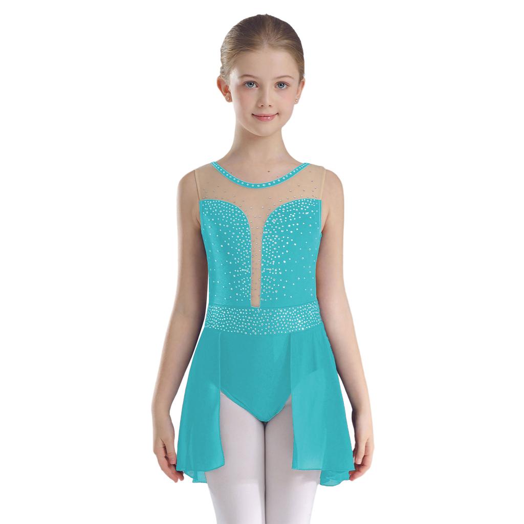 Girls Sparkly Lyrical Performance Leotard Crisscross U Back Design Skirted Leotard Rhinestone Dance Costume