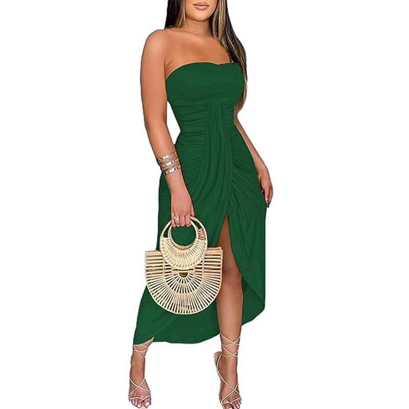 Women's Elegant Summer Dress Tube Top Solid Strapless Long Beach Split Dress Party Club Dress