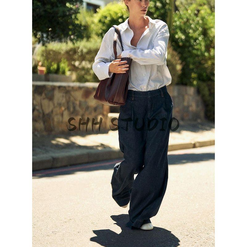 Spring and Summer New Round Neck Denim Silm Vest 3777021 Pleated Mid Waist Wide Leg Denim 3777023