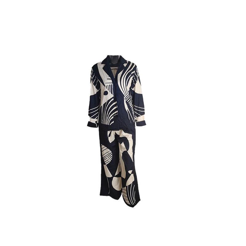 European & American Women's Graffiti Lapel Shirt and Long Sleeve Fashion Two-Piece Set