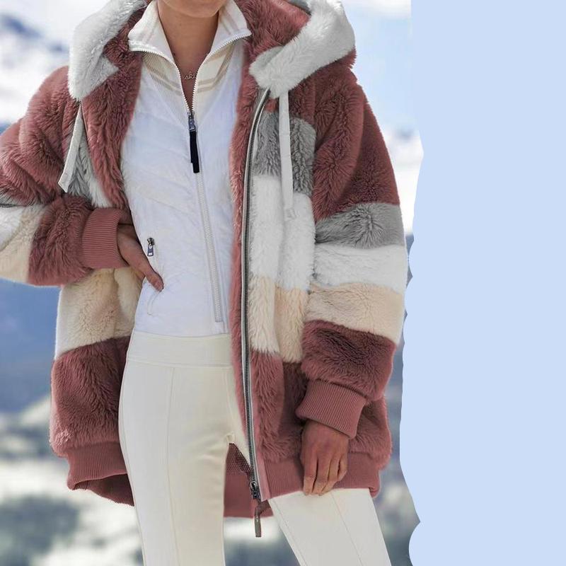 Damenjacke mit Kapuze, warm, Plüsch, lose Jacke für Damen, Patchwork, Winter-Oberbekleidung, Kunstpelz, Reißverschluss, Damen-Parka-Mantel, 9 Farben, S-5XL