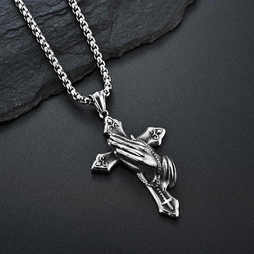 Vintage Praying Hands Cross Pendant Necklace Hip-hop Stainless Steel Chain Neck Accessories Hip Hop Rock Jewelry Gifts