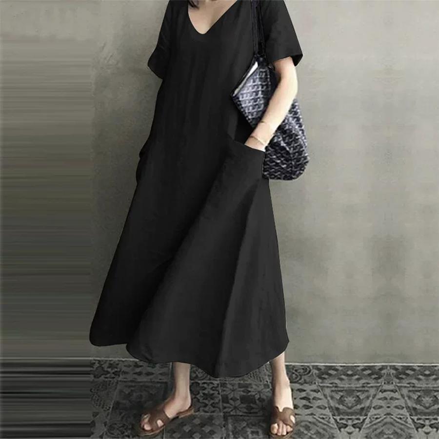 Creative Style Summer Bohemian Chinese Style Retro Women's Cotton Linen V-Neck Loose A-Line Dress