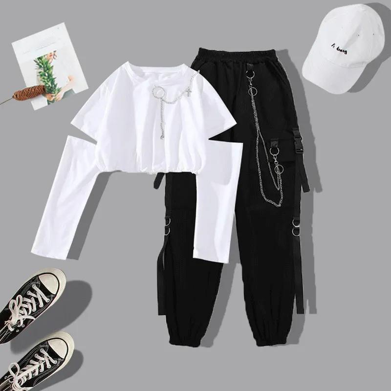 

Женские брюки-карго, уличная одежда в стиле Харадзюку, женские комплекты из двух предметов, брюки с пряжкой, лента, карман, эластичные брюки с высокой талией XXL