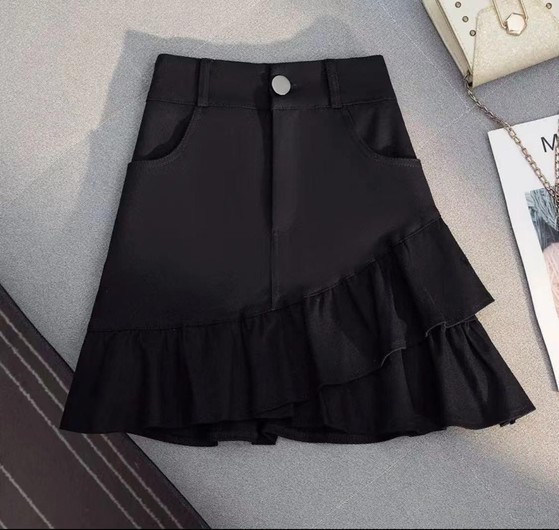 

Миди-юбка из черного денима с высокой талией и оборками - издание осень 2025 4XL чёрный