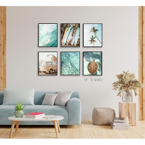 EVPYXFUT Set of 6 Tropical Beach Canvas Wall Art Surf Poster Summer Ocean Coastal Pictures Turtle Print Palm Tree Surfboard Gallery Paintings