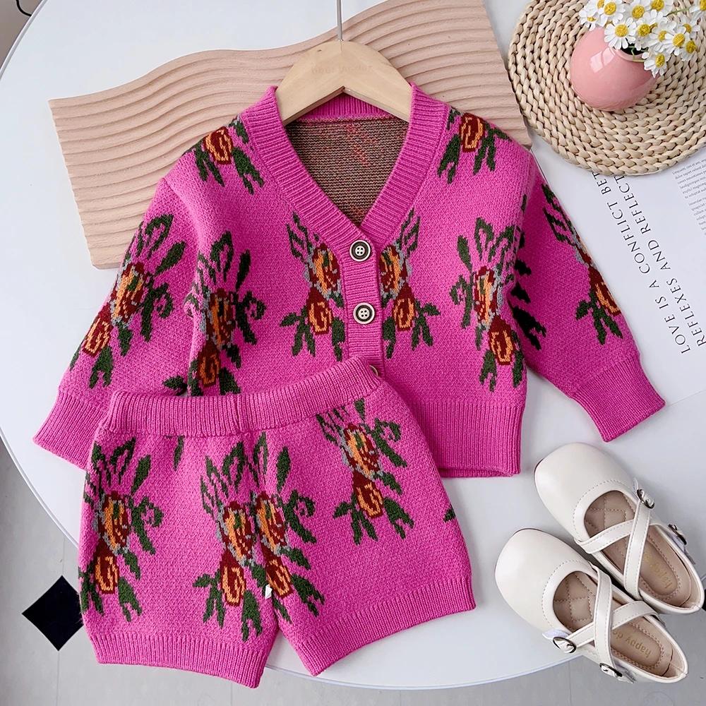 Winter Fashion Baby Girls Long Sleeve Floral Print V-neck Knitted Top + Floral Print Shorts Girls Sweater Sets 2T