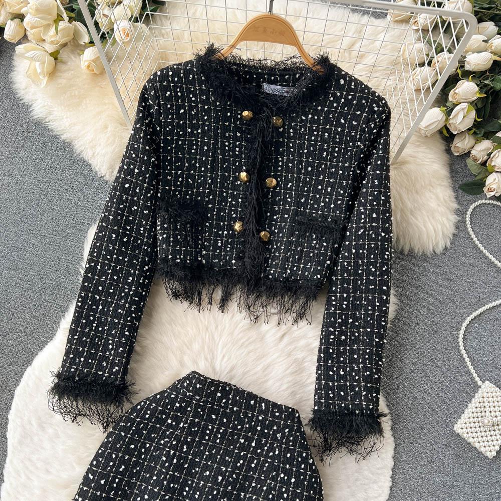 Autumn And Winter Small Fragrant Wind Fringe Fashion Short Jacket + Long Paragraph Hip Half-Body Skirt Two-Piece Set