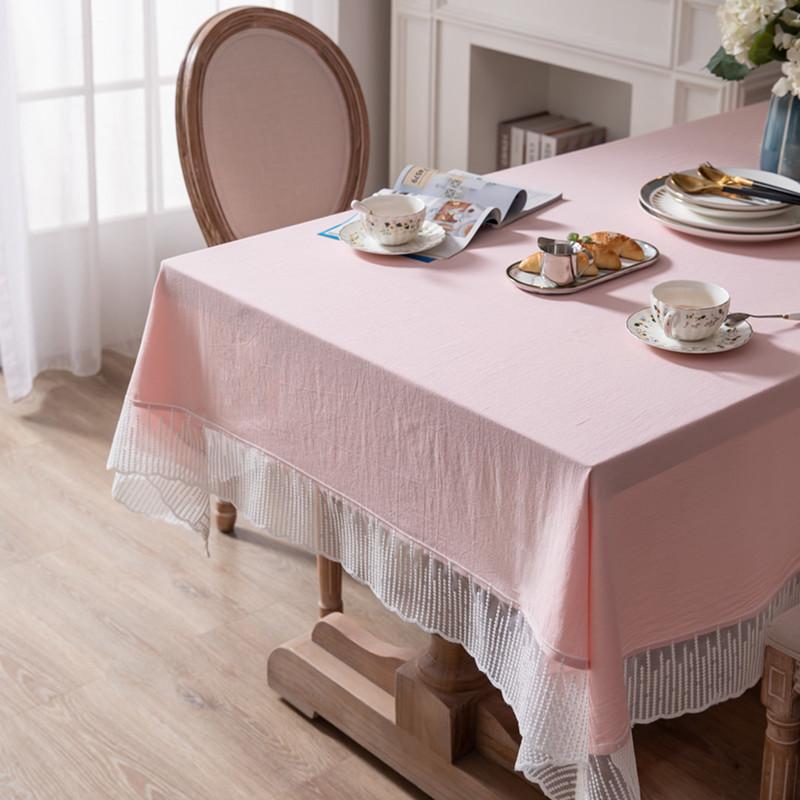Solid Color Lace Edge Table Cover French Retro Style Cotton Tablecloth For Kitchen Dining Room Party Holiday Tabletop Decoration