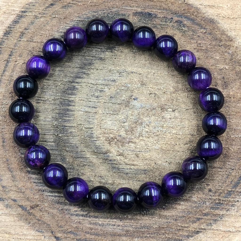 Pulseira Elástica de Pedras Naturais Olho de Tigre Estrela Roxa 8mm Feita à Mão com Contas Redondas 7.5" Presente Para Parceiro RBB-84