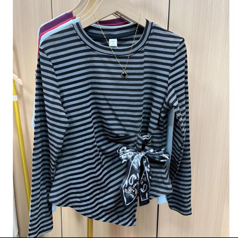 New Spring and Autumn Lace-up Waist Women's Long-sleeved T-shirt Slimming Belly-covering Bottoming Shirt