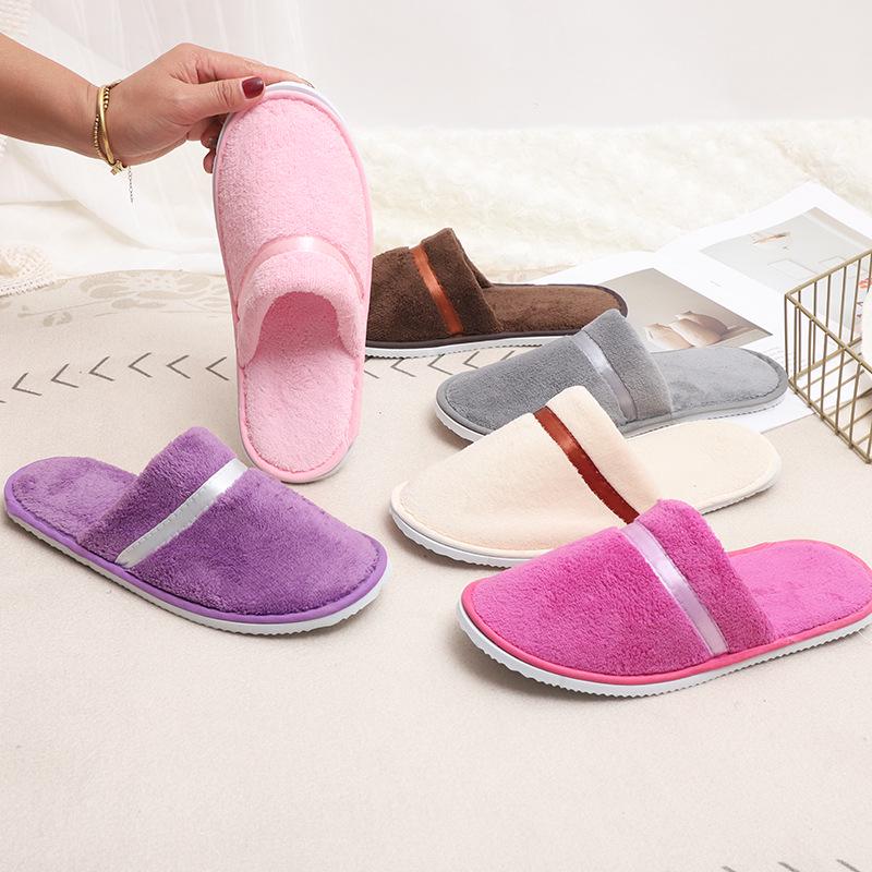 Coral Fleece Disposable Slippers with Color Ribbon for Home, Guest, Travel, Hotel, B&B - Thickened Comfort.