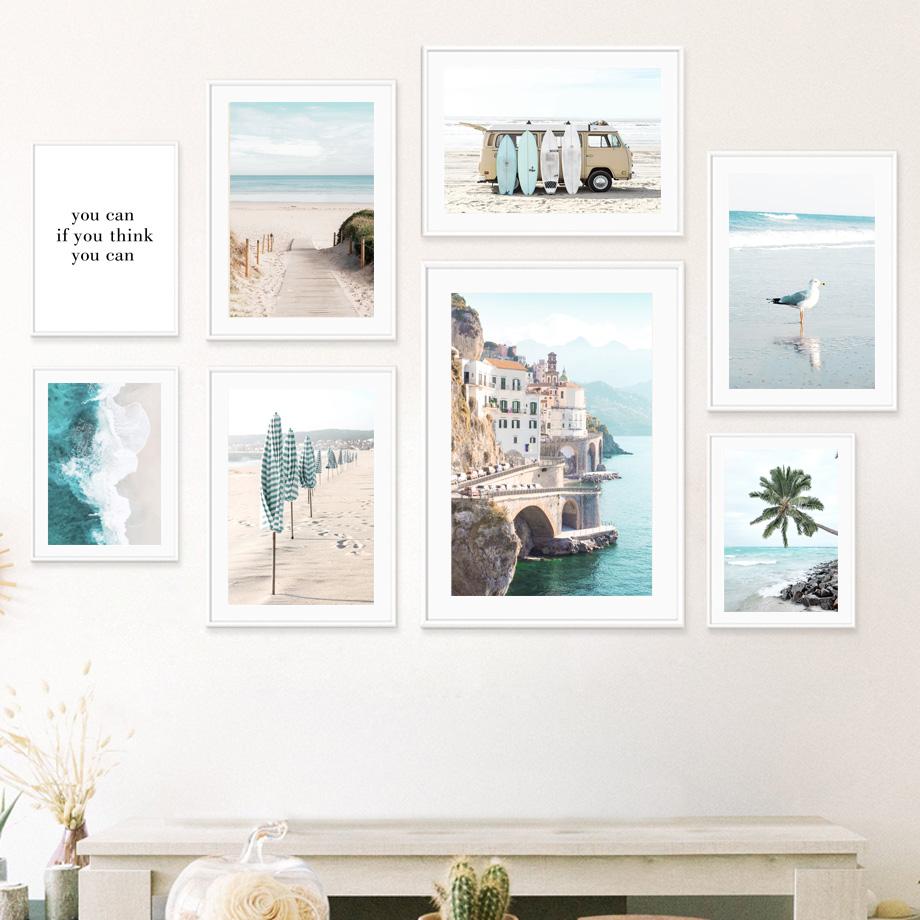 

Доска для серфинга, пляжный зонтик, синее море, настенная живопись на холсте, плакаты на скандинавскую тему и принты, настенные панно для декора гостиной