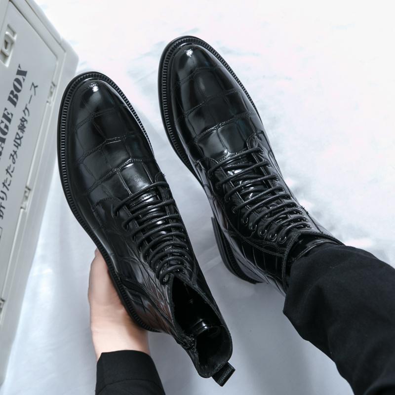 Black High Top Leather Shoes Man High Quality Elegant Mens Dress Boots Pointed-toe Lace-up Oxford Boots botas de cuero hombre