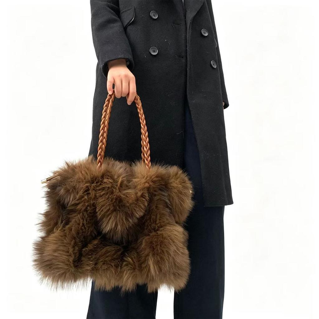 Europäischer Und Amerikanischer Stil Imitation Pelz Plüsch Handtasche Damen Herbst Und Winter Mode Fuchs Fell Tragetasche Kontrastfarbe Pelz Tasche